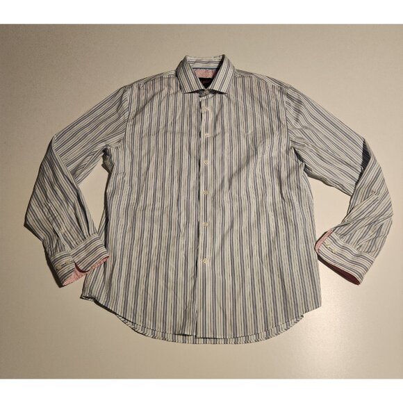 Egara Shirt Blue Striped Pink Flip Cuffs Modern Fit Stretch Mens Large - Picture 6 of 13